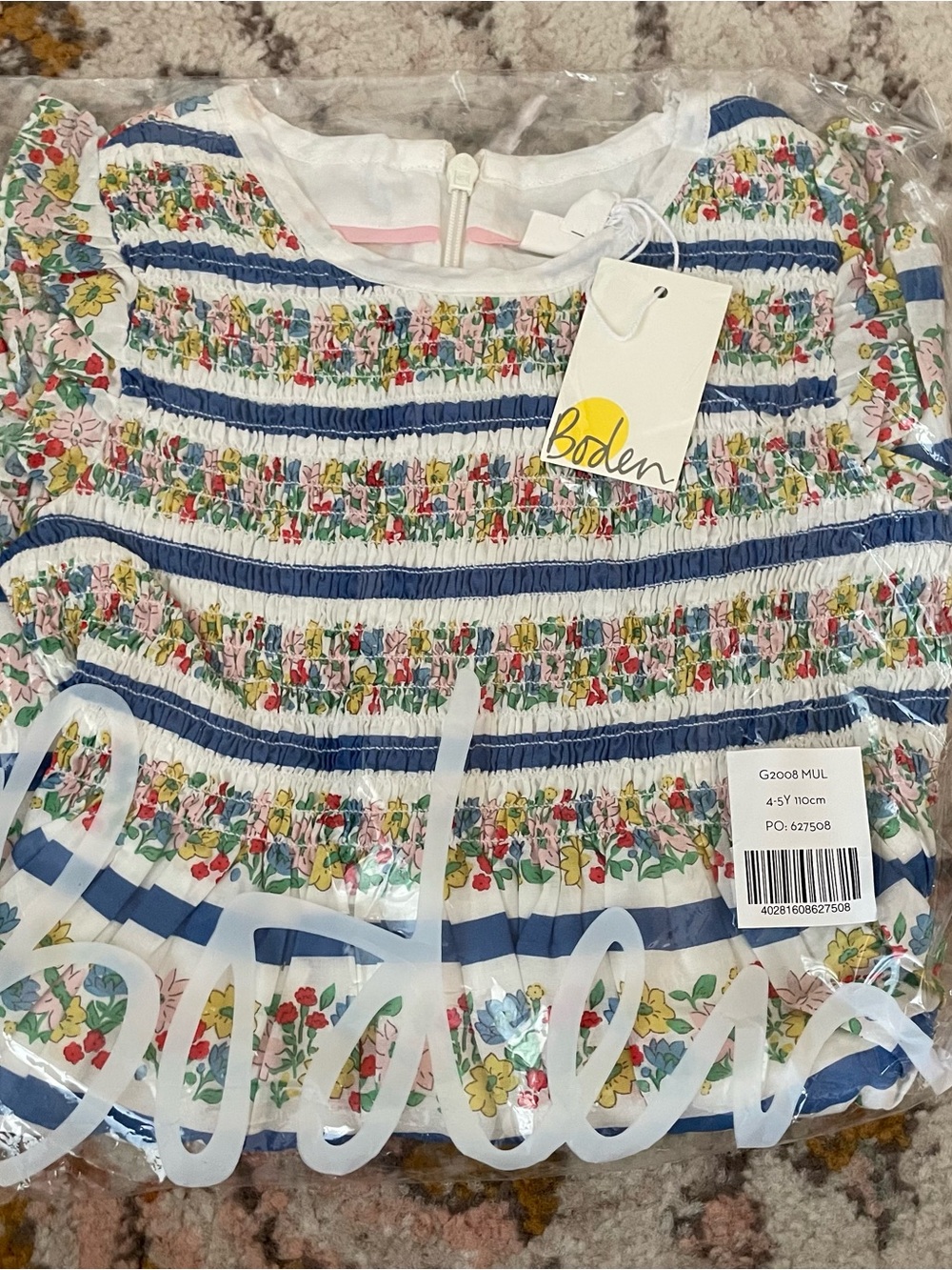 NWT Mini Boden Girls' Blue & Floral Smocked Dress Sleeveless